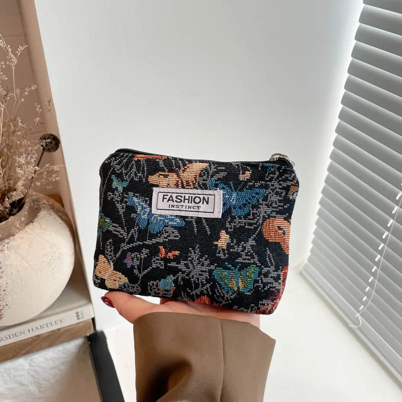 Cosmetic Bag Cute Black and White Elegant Jacquard Canvas Artistic Retro Elegant Flower Convenient Clutch