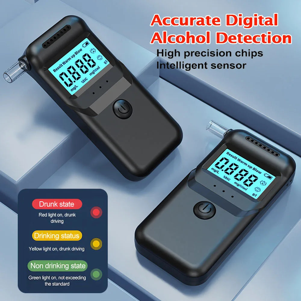 LCD Breath Alcohol Tester with 5 Mouthpieces Professional Digital Breathalyzer Alcohol Detector with 3 Lamps for Drunk Driving