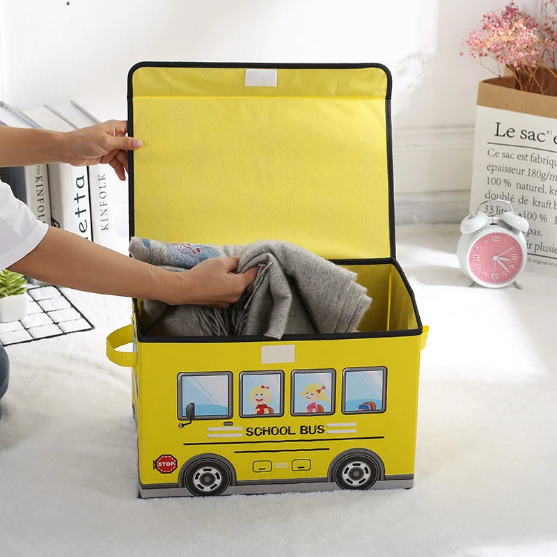 Cartoon School Bus-Themed Children's Storage Box: Foldable Toy Storage Box with Lid, Ideal for Children's Rooms and Travel
