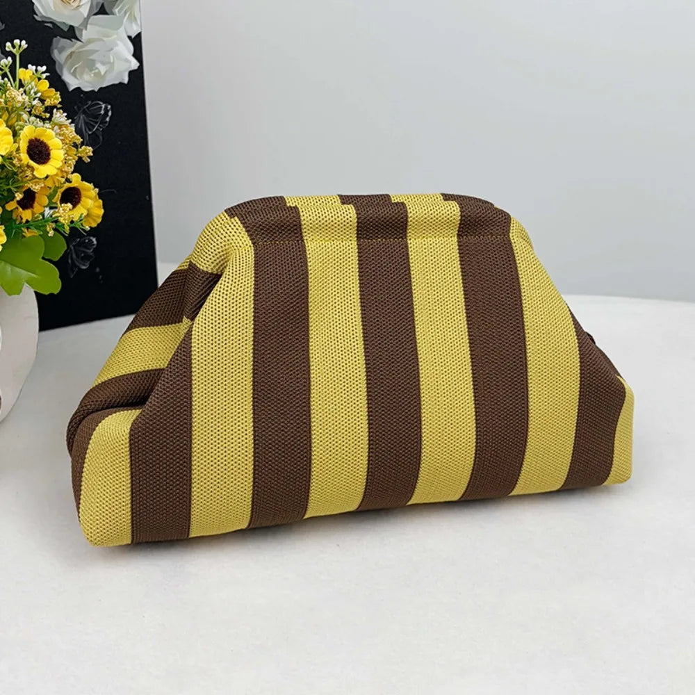 New bright-colored knit bag, thin striped fly-knit cloud, versatile elegant portable makeup bag, large-capacity handbag