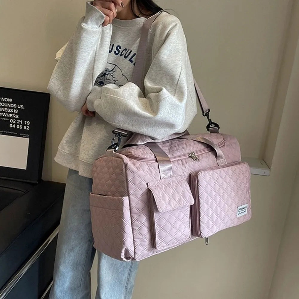Simple Quilted Travel Duffle Bag Solid Color Oxford Sports Tote Bag Single Shoulder Foldable Travel Handbag Girl