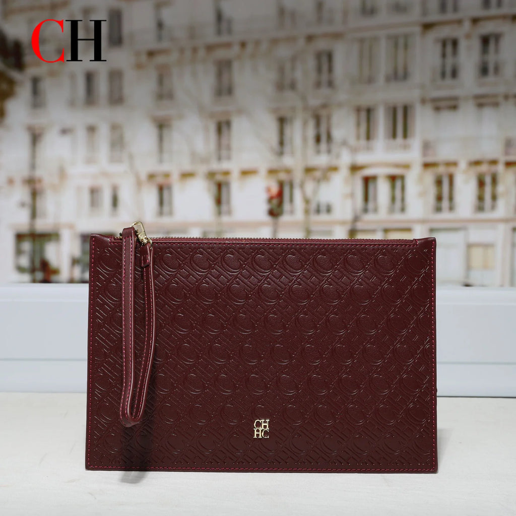 CH Clutch Bag Women Embossed Monogram PU Leather Wristlet Handbag Zipper Envelope Purse Large Capacity Evening Daily Wallet