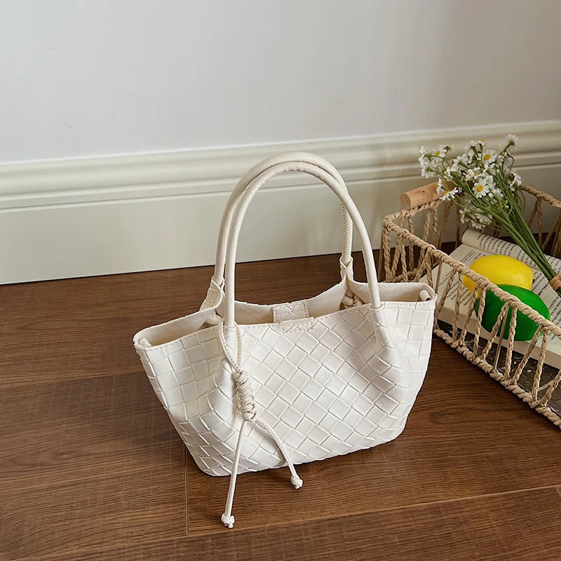 Vintage Woven Bucket Bag Fashion Casual Women'S Shoulder Bag Korean Version Commuting Large Capacity Handbag Pu Crossbody Bag