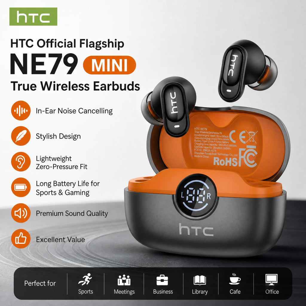 HTC NE79 Bluetooth Earphones Sports Gaming Long Battery Comfort Wireless Headphones Premium Sound Quality Soft In-ear Earbuds
