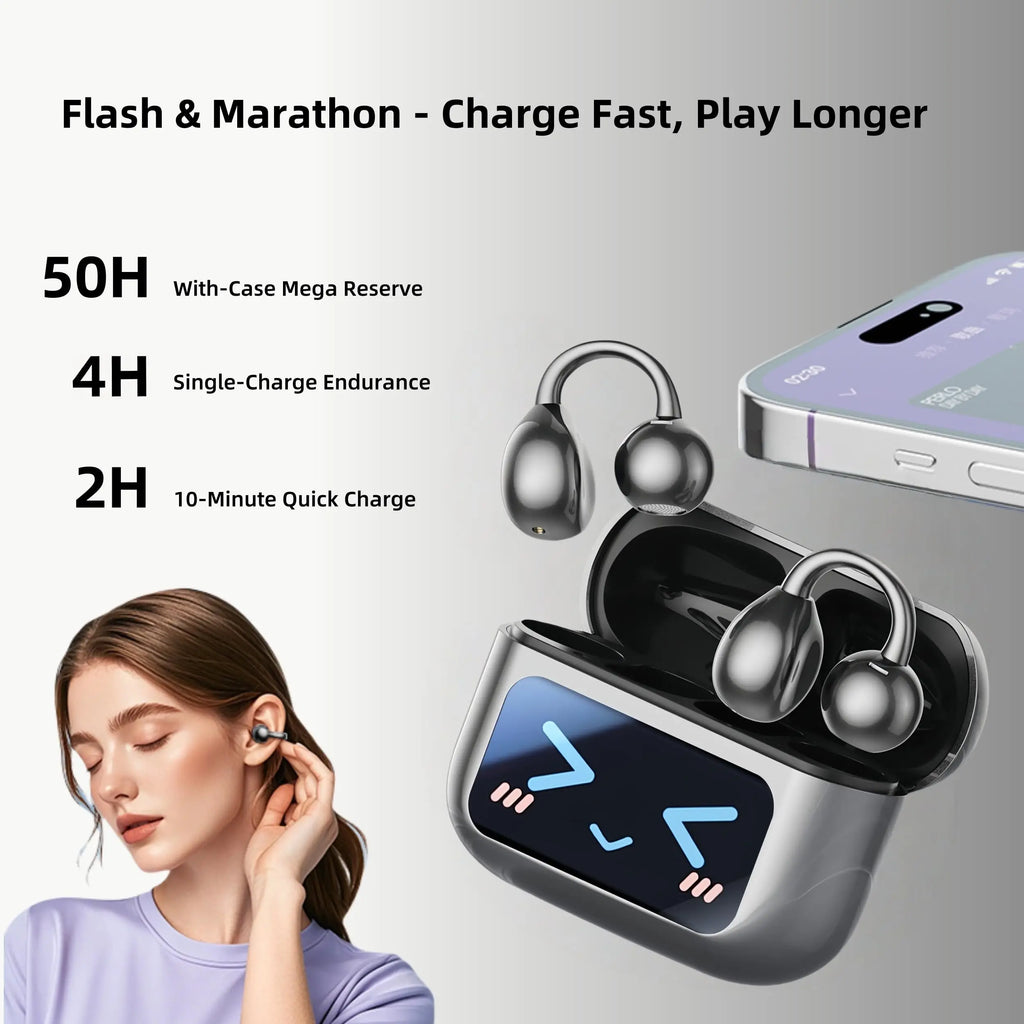 M100 Clip On Earbuds with Touchscreen Case , Wireless Open Ear Headphones ,Bluetooth 6.0 , 50h Battery Life，IPX7 Waterproof