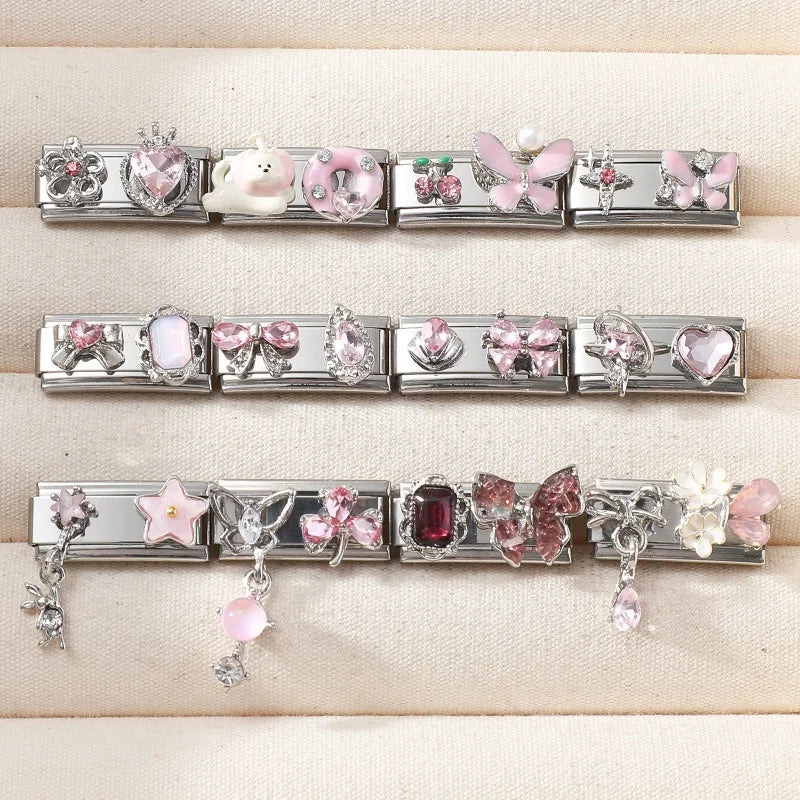 Y2K Zircon Pink Heart Star Butterfly Bow Long Italian Charm Link Fit 9mm Bracelet Stainless Steel Women DIY Making Jewelry Gifts