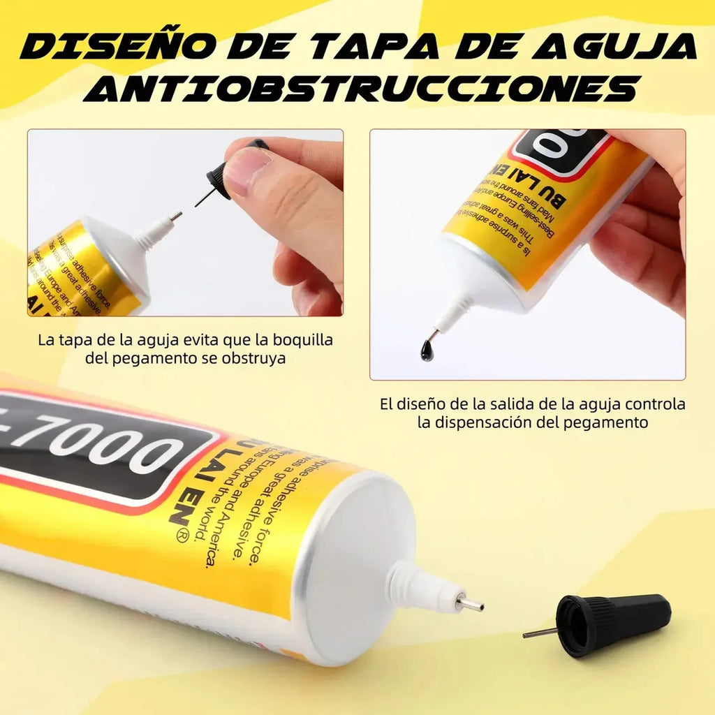 Black T-7000 glue, a semi-fluid black adhesive for precision repairs of crafts, electronics, phone screen replacements, do-it-yourself or DIY jewel making, and glass, wood, metal, and stones.