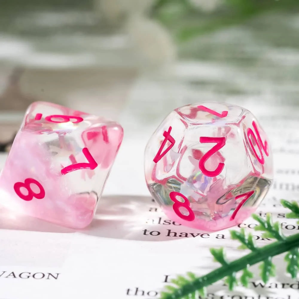 Cusdie Pink Butterfly DND Dice Resin Slice Die D4 D6 D8 D10 D% D12 D20 Polyhedral Dice Set for D&D Role Playing Table Games