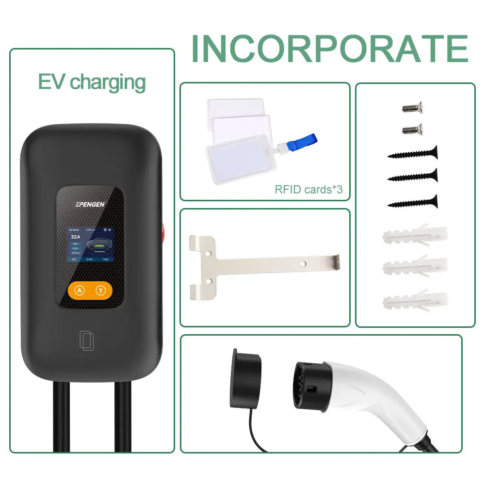 IPENGEN 11KW EV Charger Station Type2 16A 3Phase Electric Car Charger EVSE Wallbox Charging Set Charging Time WIFI APP Control