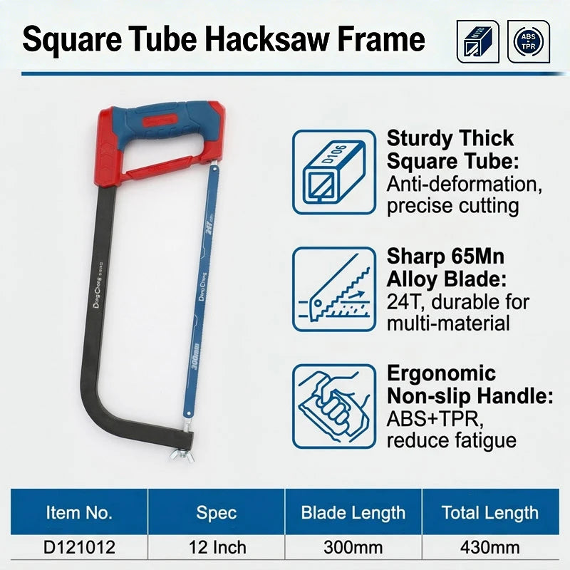 Thick Square Tube Hacksaw Frame Heavy Duty Stable Structure Precision Cutting Rubber Grip Comfortable Handle Metal Saw Tool