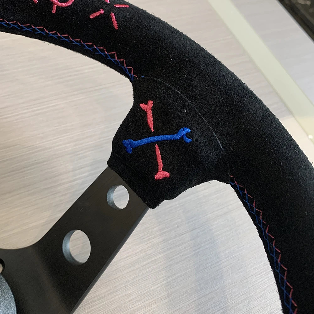 VERTEX Universal Racing Steering Wheel Black Spoke Suede Embroidered Sports Steering Wheel With 6 Holes