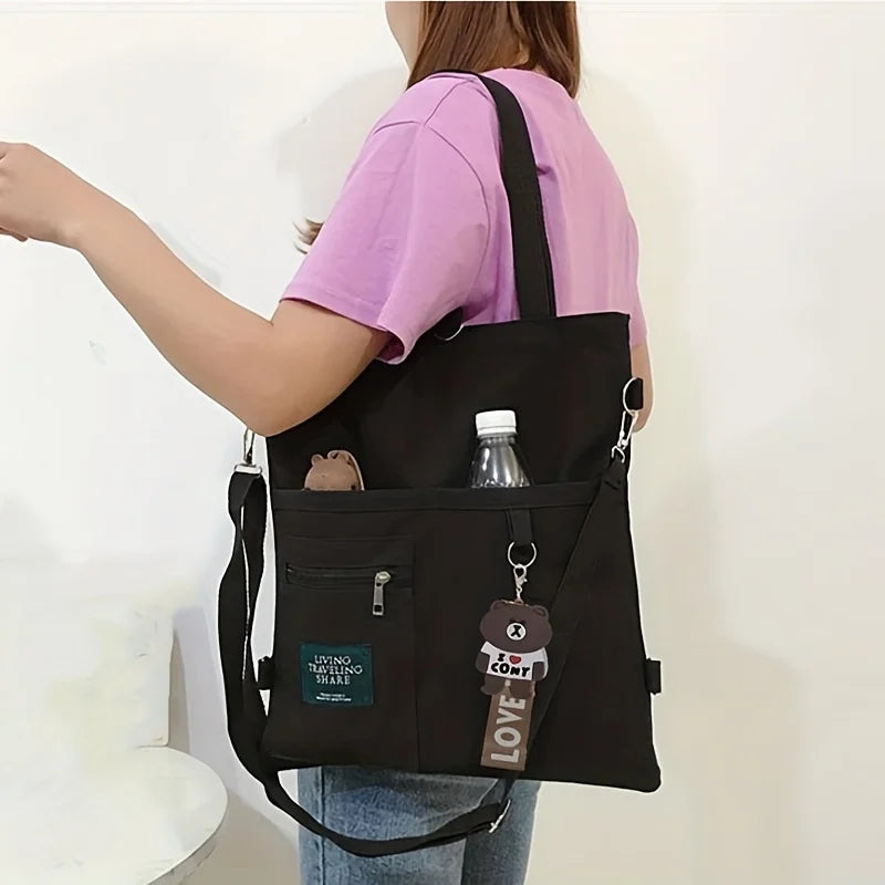 Canvas Shoulder Bag, Women's Fashion Letter Patch Decor Handbag Versatile Backpack