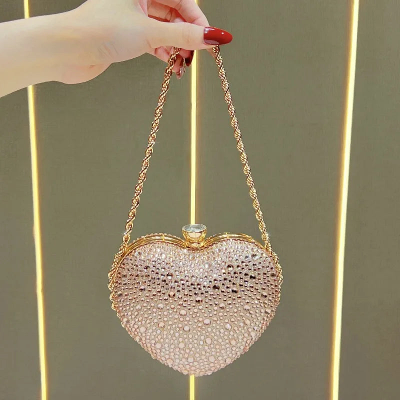 Dinner Handbag Luxury Brand Diamond-encrusted Dinner Party Women's Shoulder Bag Heart-shaped Fashion Shining Mini Women's Bag