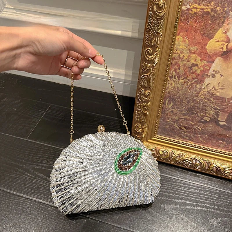 UGALS Chinese Style Bead Embroidery Peacock Shiny Diamond  Handbag Clutch Party Clip-On Shoulder Crossbody Bag