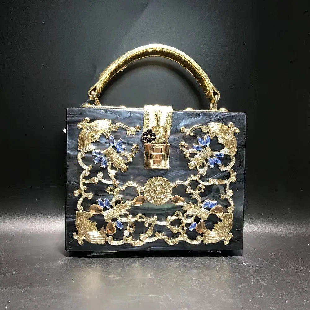 Luxury Designer Shimmer Acrylic Box Glitter Rhinestones Diamond Evening Bag Wedding Party Clutch Purse Shoulder Messenger Bag