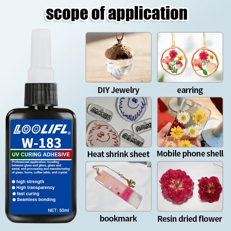 LOOLIFL New W-183 Strong 50ml UV Glue Curing Adhesive UV Curing Crystal Glass and Metal ABS Bonding Welding With UV Curing Lamp