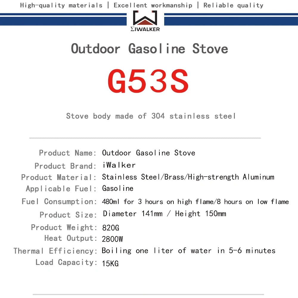 IWALKER G53S Outdoor Camping Gasolin e Stove, Silent Burner, Suitable for Travel, Picnic and Emergency Scenarios