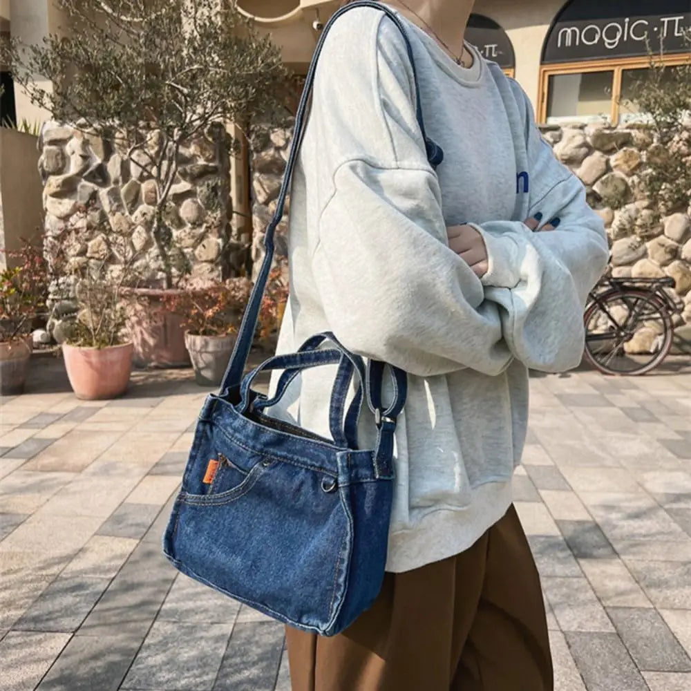 Fashion Large Capacity Denim Crossbody Bag Handbag Commute Canvas Tote Bag Simple Small Square Bag Cloth Shoulder Bag Boys