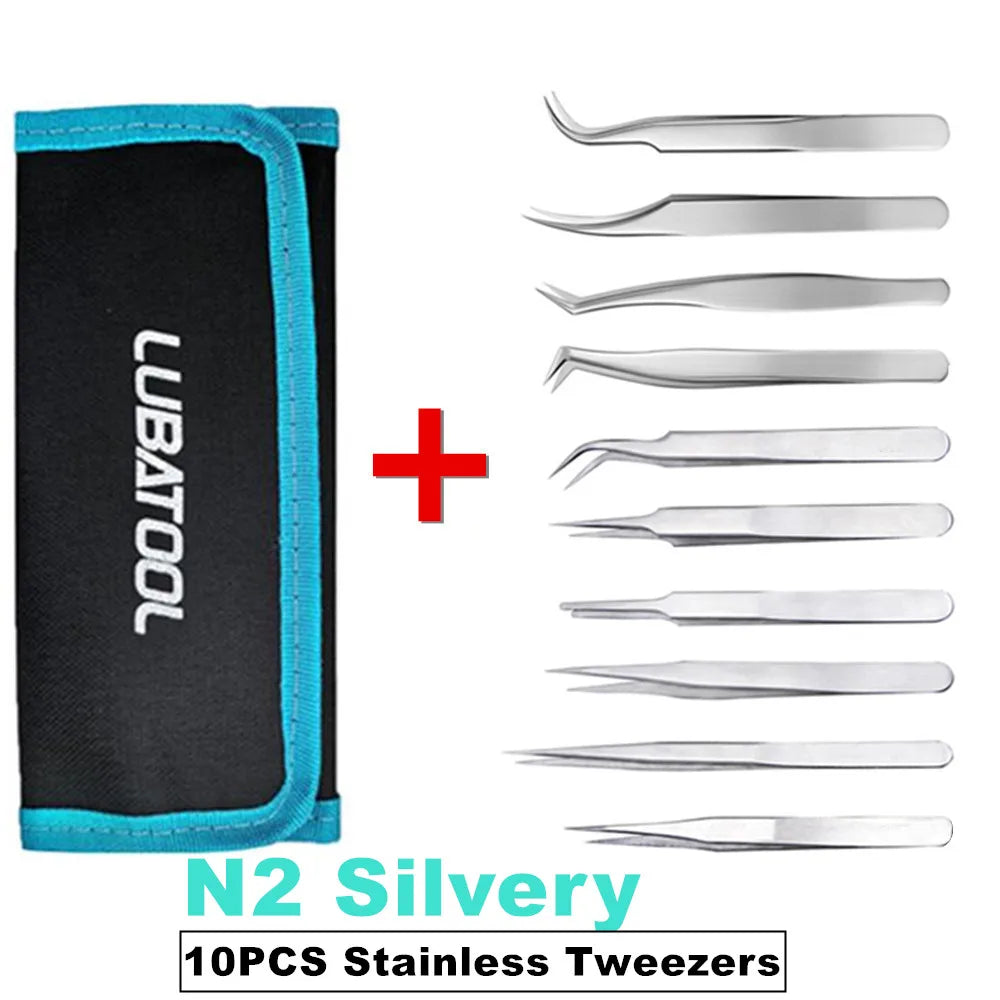 10Pcs Tweezers Set With Bag Ceramic Industrial Electronic ESD Stainless Steel Anti-Static Precision Tweezer Kits Repair Tools