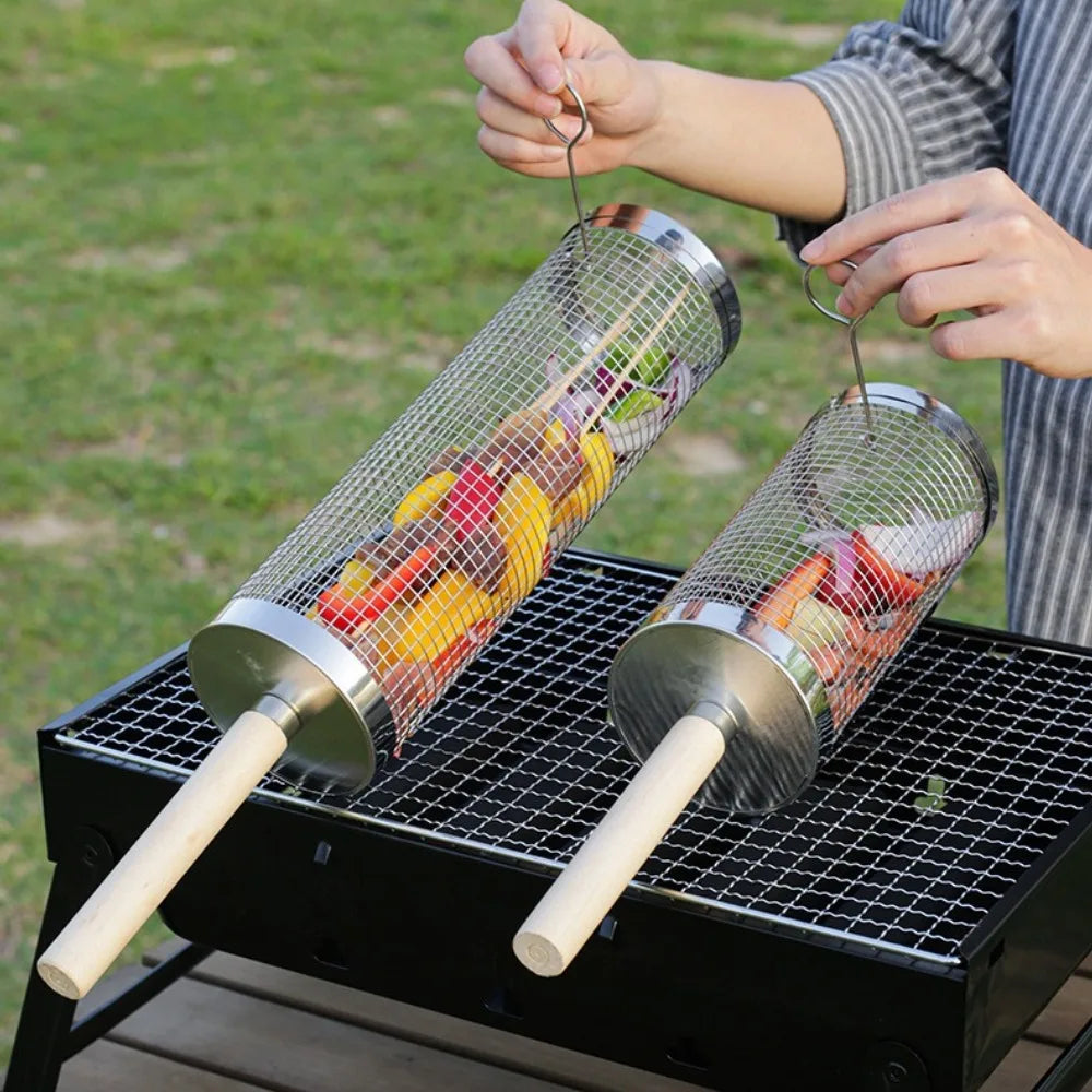 Stainless Steel Rolling BBQ Grill Basket, Wooden Handle Rotatable Mesh Barbecue Tube For Outdoor Camping Grilling