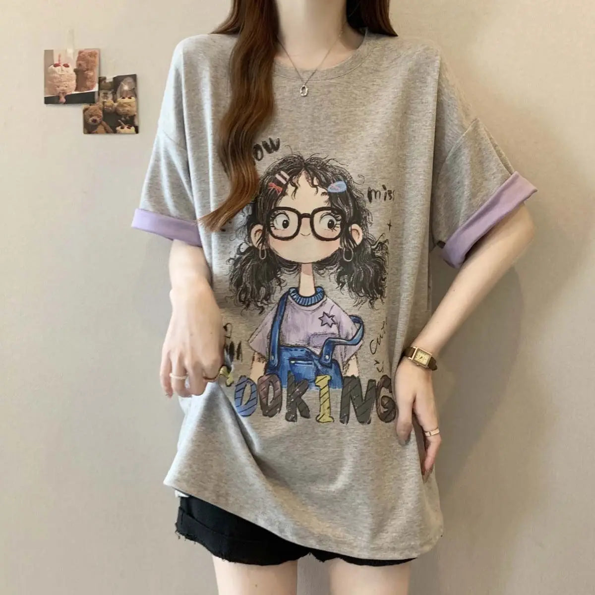 Plus-size women's spring and summer new color-blocking casual loose slimming cartoon letter printed short-sleeve T-shirt