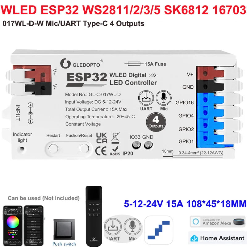 5GLEDOPTO ESP32 PWM WLED Dynamic LED Controller 5 in 1 DC12-24V WIFI App Control for RGBCCT RGBW RGB CCT DM WS2811/2B/3/5 Strip