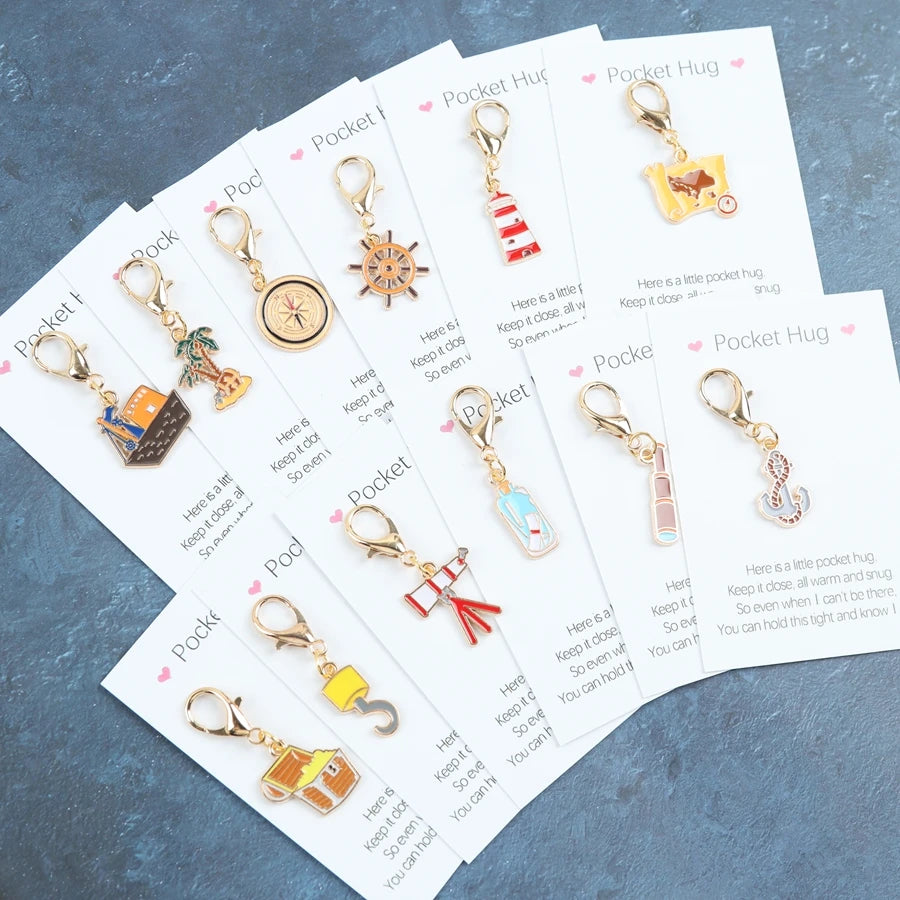 12pcs cartoon nautical treasure hunt keychain items, including a pocket-sized greeting card, with accessories such as ropes, map
