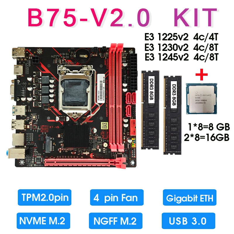 Mini ITX B75 Motherboard Set Kit Xeon E3 1225 1230 1245 V2 CPU and 16GB DDR3 1600MHz Memory Kit Completo B75 TPM 2.0 PIN USB 3.0