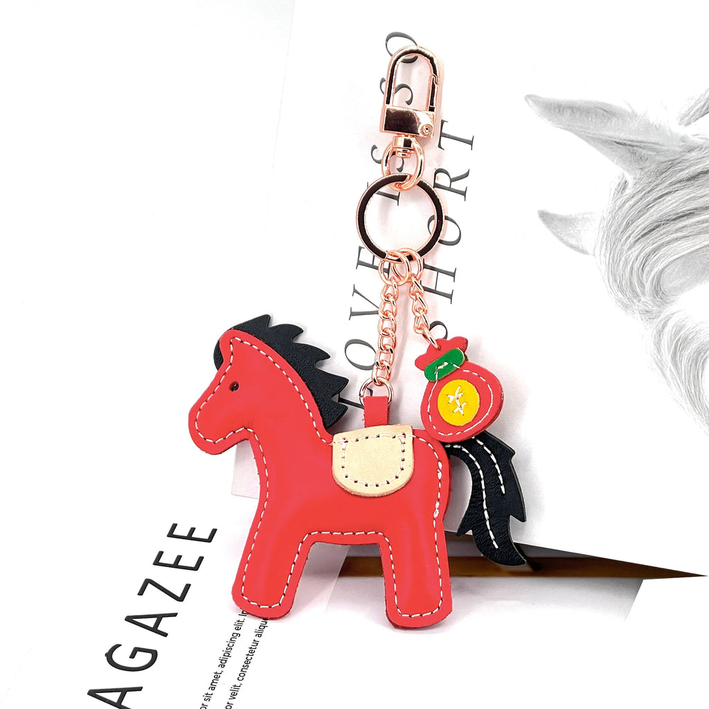 New Trendy Cow Leather Pony  Key Ring Handbag Pendant Cute Horse Keychain Luggage Bag Parts Accessories
