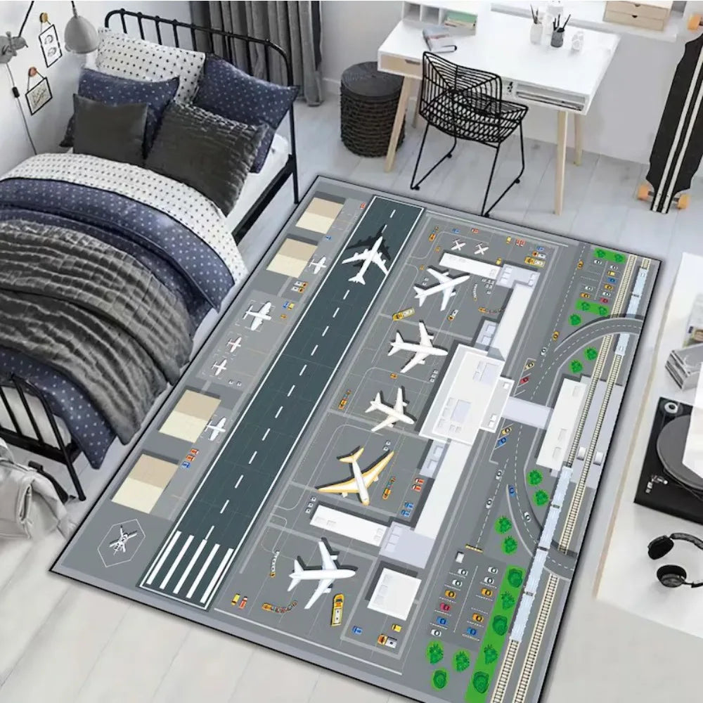 Airport Runway Carpet Mat Rug Aeroplane Theme Home Decoration Non-slip Educational Kids Activity Play Mat with Terminal Design