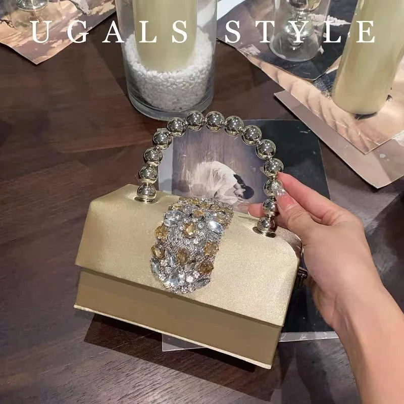 Women Satin Handbag Luxury Square Bag Crystal Shiny Rhinestones Diamond Evening Bag Wedding Party Clutch Purse Crossbody Bag
