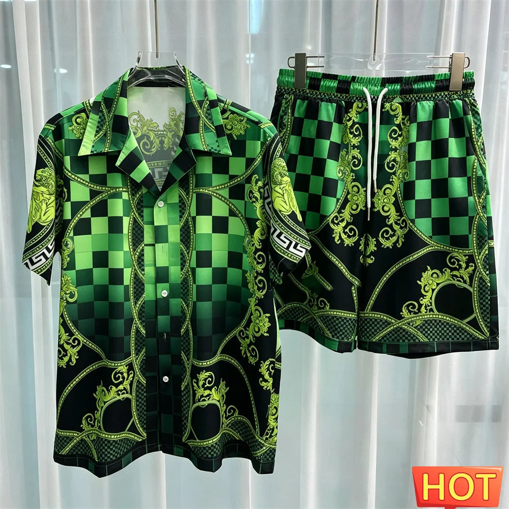 Gradient Leisure vacation two-piece set Summer mens shirt set men's matching sets menswear clothing Two piece shorts shirt sets