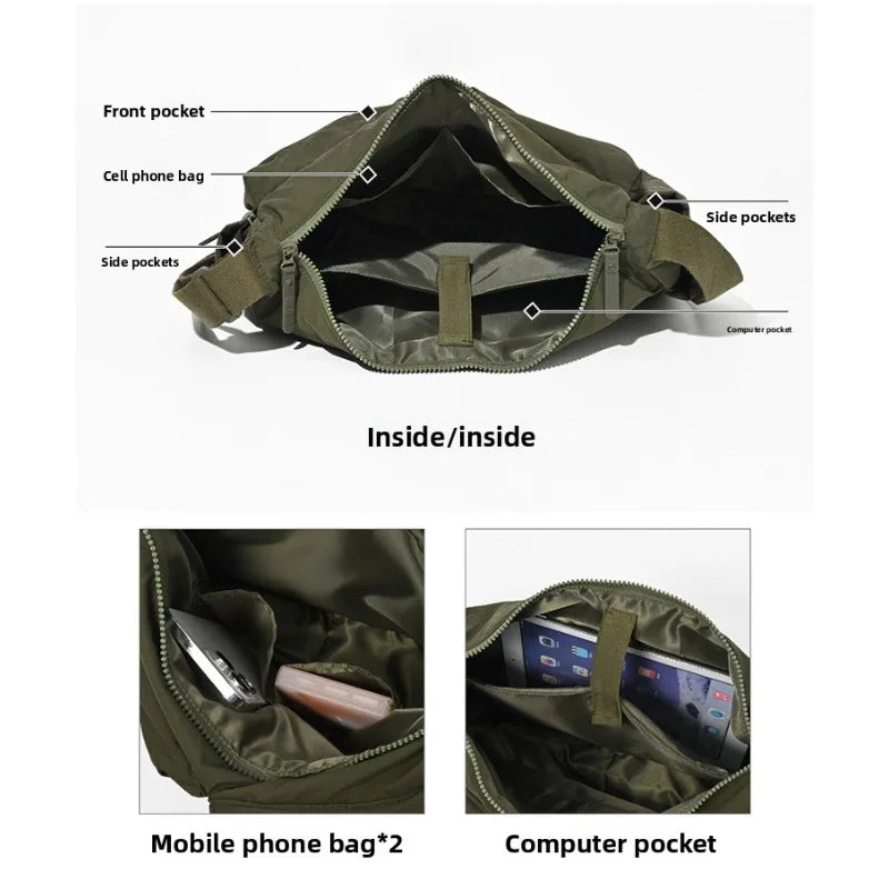 Waterproof Nylon Crossbody Bag, Multi Zipper Casual Shoulder Pack,Adjustable Strap Large Capacity Satchel for Men Women Commute