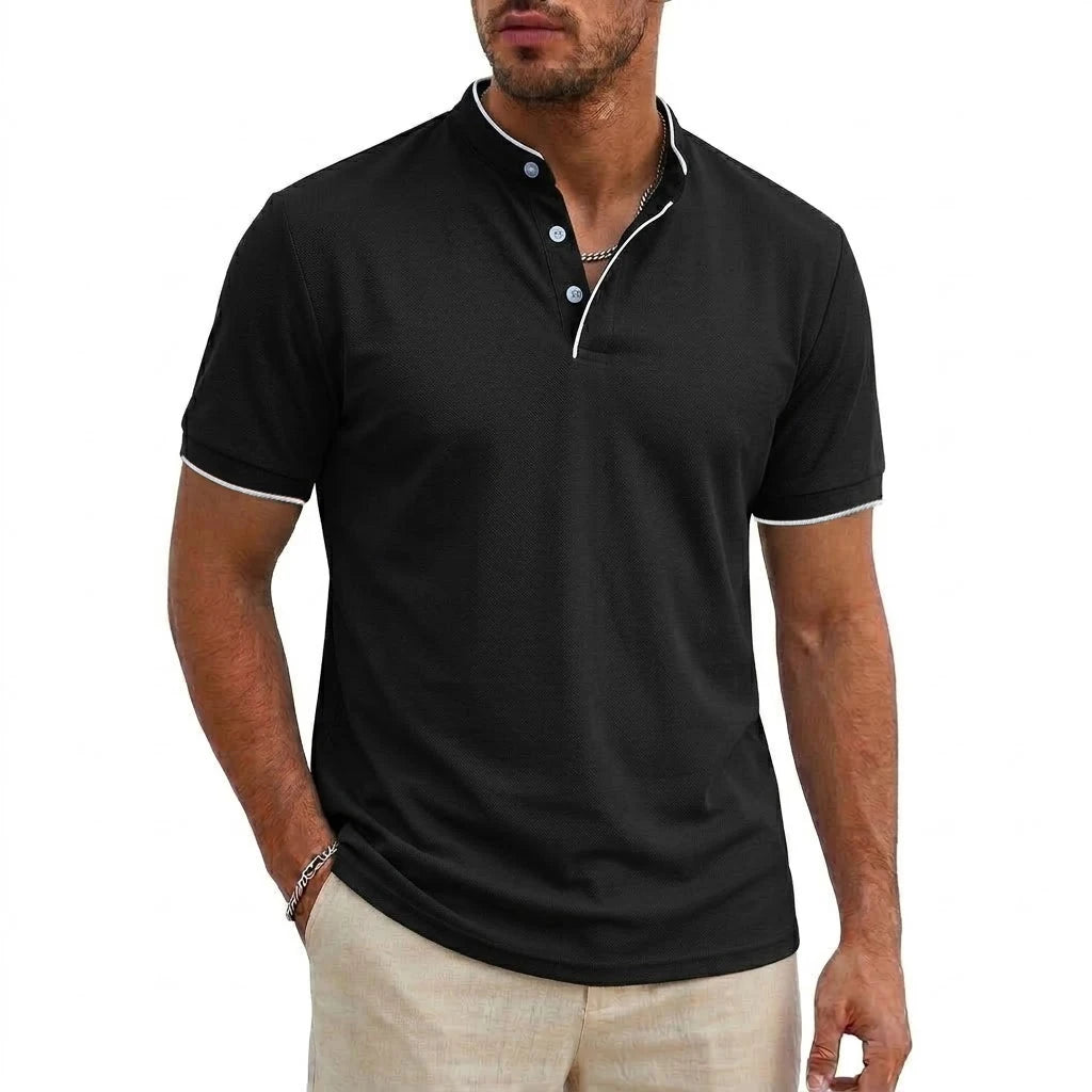 Men Short Sleeve Henley T-Shirt Summer Casual Solid Button-up Shirt V Neck Tee Fitness Breathable Classic Collarless Pullover