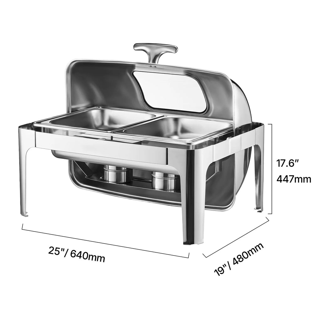 SucceBuy 9Qt Roll Top Chafing Dish Buffet Stainless Steel Chafer with Full Size Pan Visible Lid Rectangle Catering Warmer Server