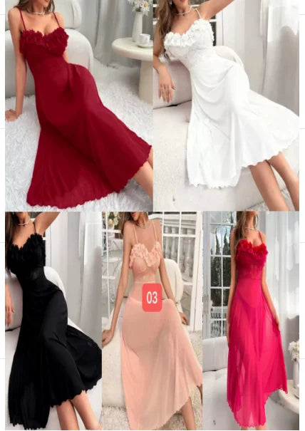 2026 Summer New Style Three-dimensional Lace Pajamas Dress Pure Color Mesh Lace Camisole Nightgown See-through Sexy Lingerie