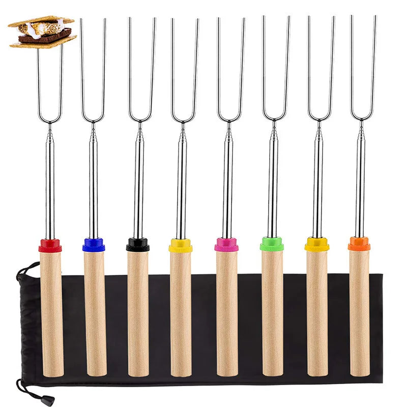 D2 8Pcs Barbecue Skewers Camping Supplies Extendable Roasting Sticks Grill Stainless Steel BBQ Grill Telescoping Smores Skewers