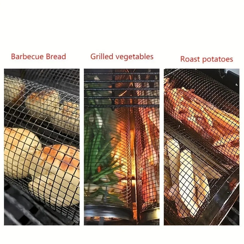 Stainless steel outdoor portable barbecue cage, camping picnic barbecue grill rotating rolling barbecue cage.