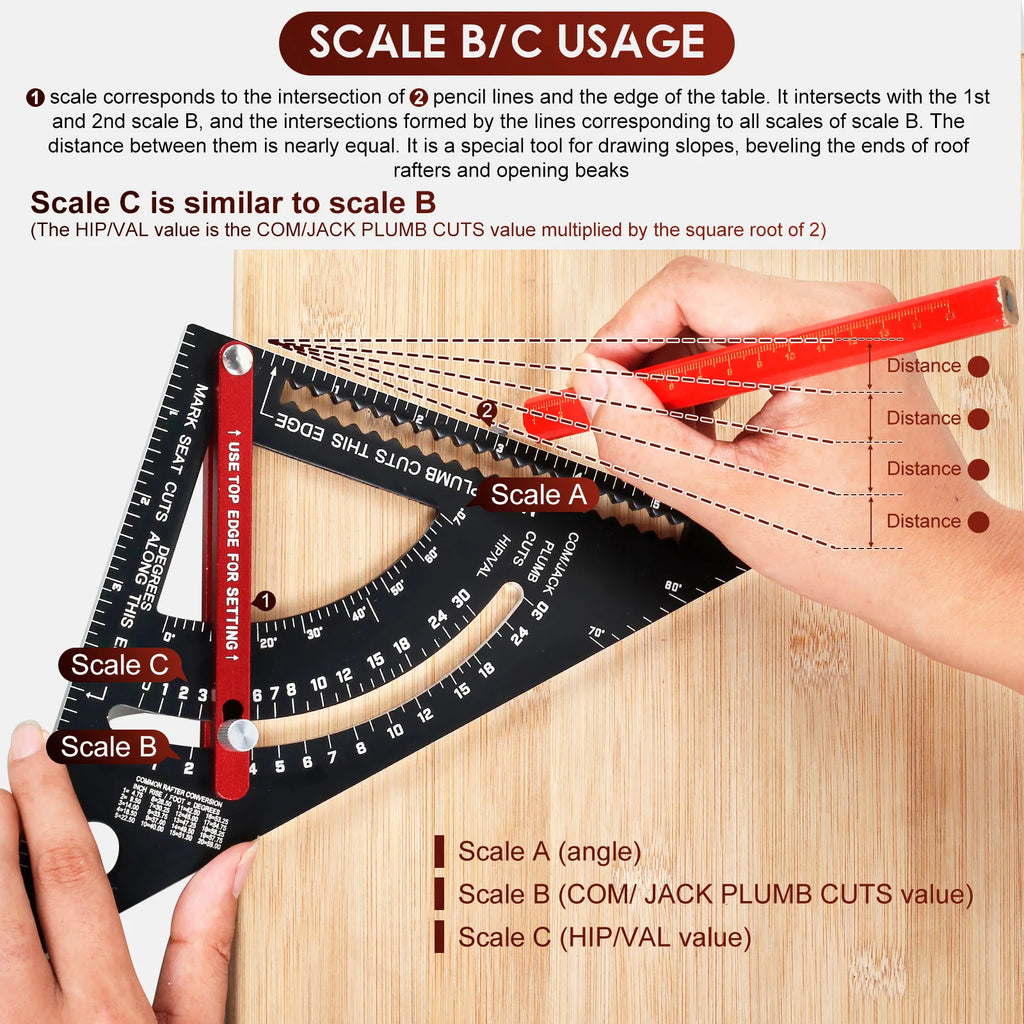 7'' Woodworking Triangle Ruler Aluminum Alloy Rafter Square Adjustable Triangle Ruler with Pencil for Measuring Woodworking Tool