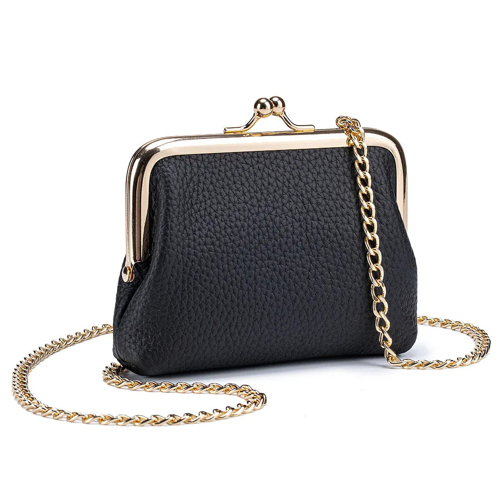 Women's Kiss Lock Crossbody Bag Genuine Leather Mini Handbags Kiss Clasp Crossbody Shoulder Bags Coin Purse Messenger Handbag