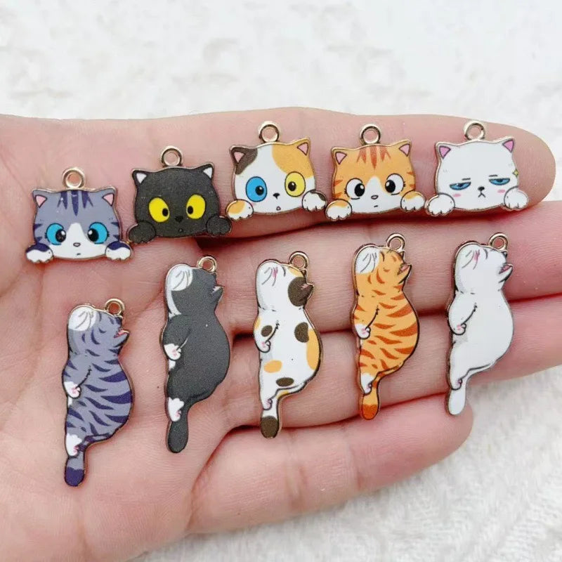 10pcs Cute Cat Printed Cartoon DIY Alloy Drip Oil Accessories Keychain Pendant Necklace Pendant Decoration