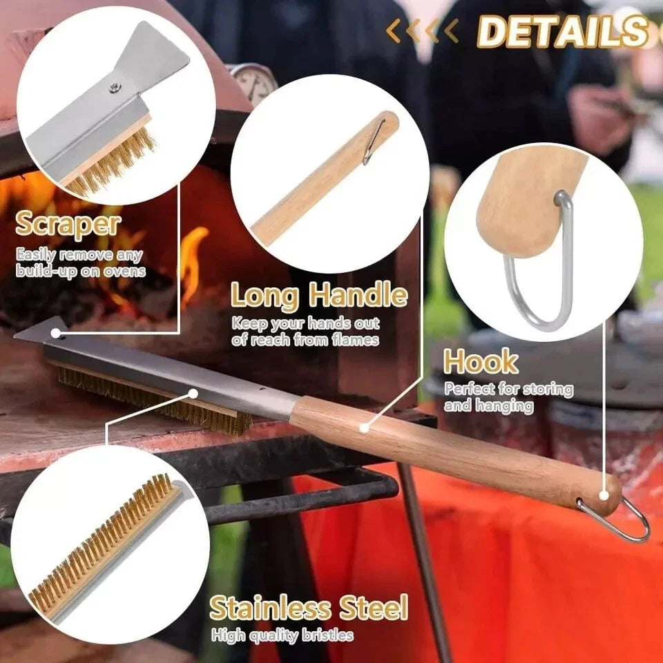 21/26 Inch Pizza Oven Brush with Scraper Brass Wire Pizza Stone Cleaning Brush for BBQ Grill Cleaning Outdoor Oven Accessories