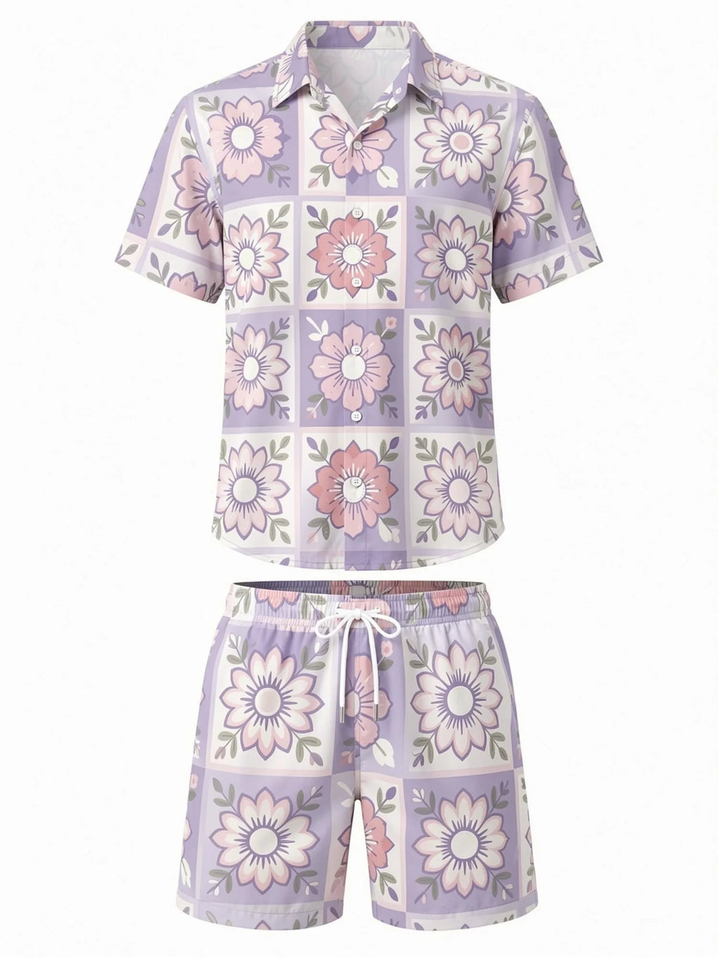 Mens Floral Short Sleeve Shirt and Drawstring Shorts Set Beach Vacation Matching Summer Two Piece Casual Beach Outfit Resortwear