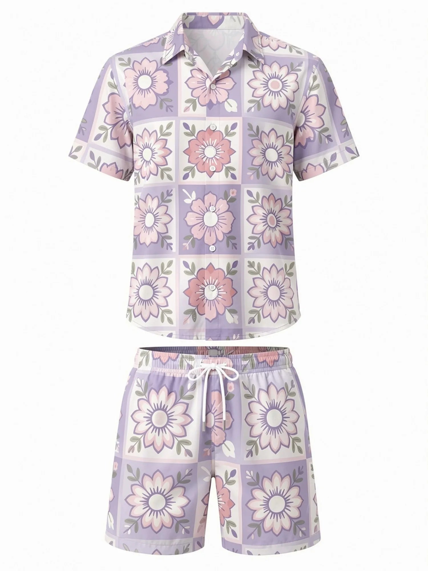 Mens Floral Short Sleeve Shirt and Drawstring Shorts Set Beach Vacation Matching Summer Two Piece Casual Beach Outfit Resortwear
