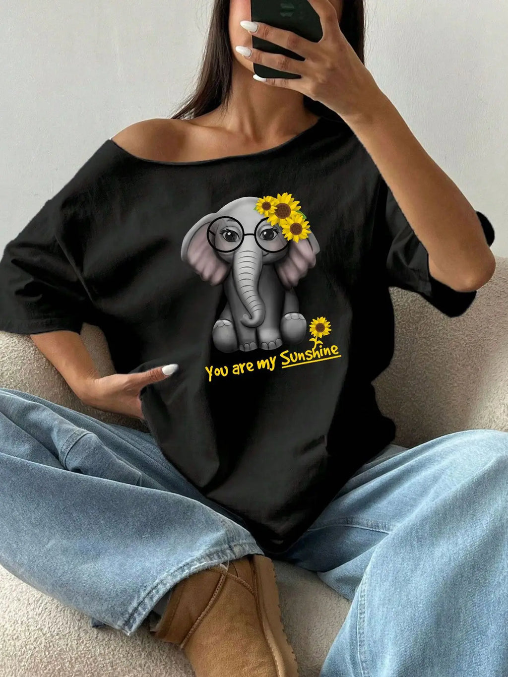 100% Cotton Plus Size Cute Elephant Sunflower Graphic Print Shoulder Loose Print T-Shirt Oversized Y2K Style Graphic Tees Wom