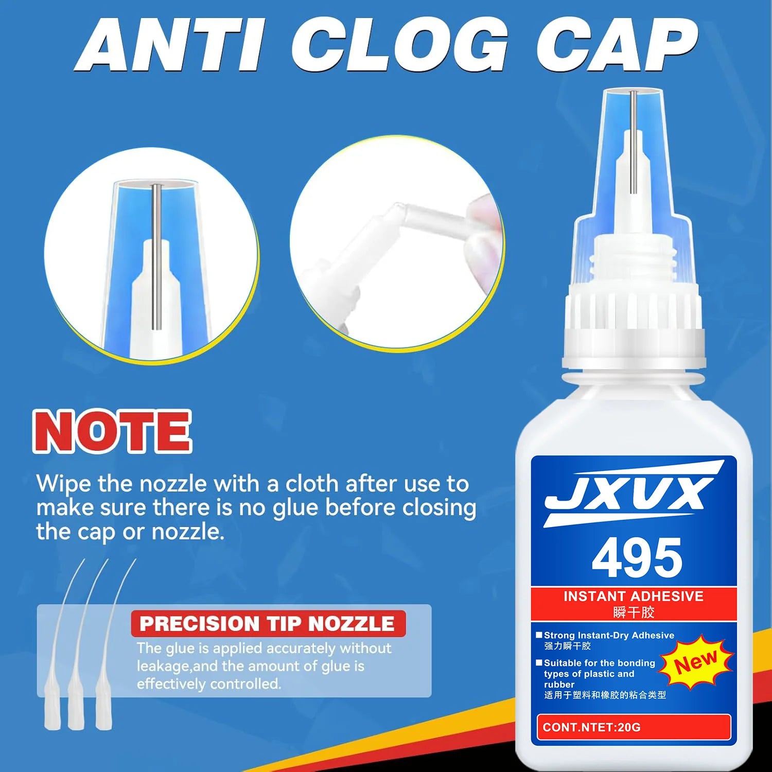 JXVX Super Instant 495 Glue,5Sec Super Glue Strong Bond for Shoes/Glass/Metal/Wood/Plastic,Ceramic Quick Dry Industrial Strength Instant Adhesive Tool