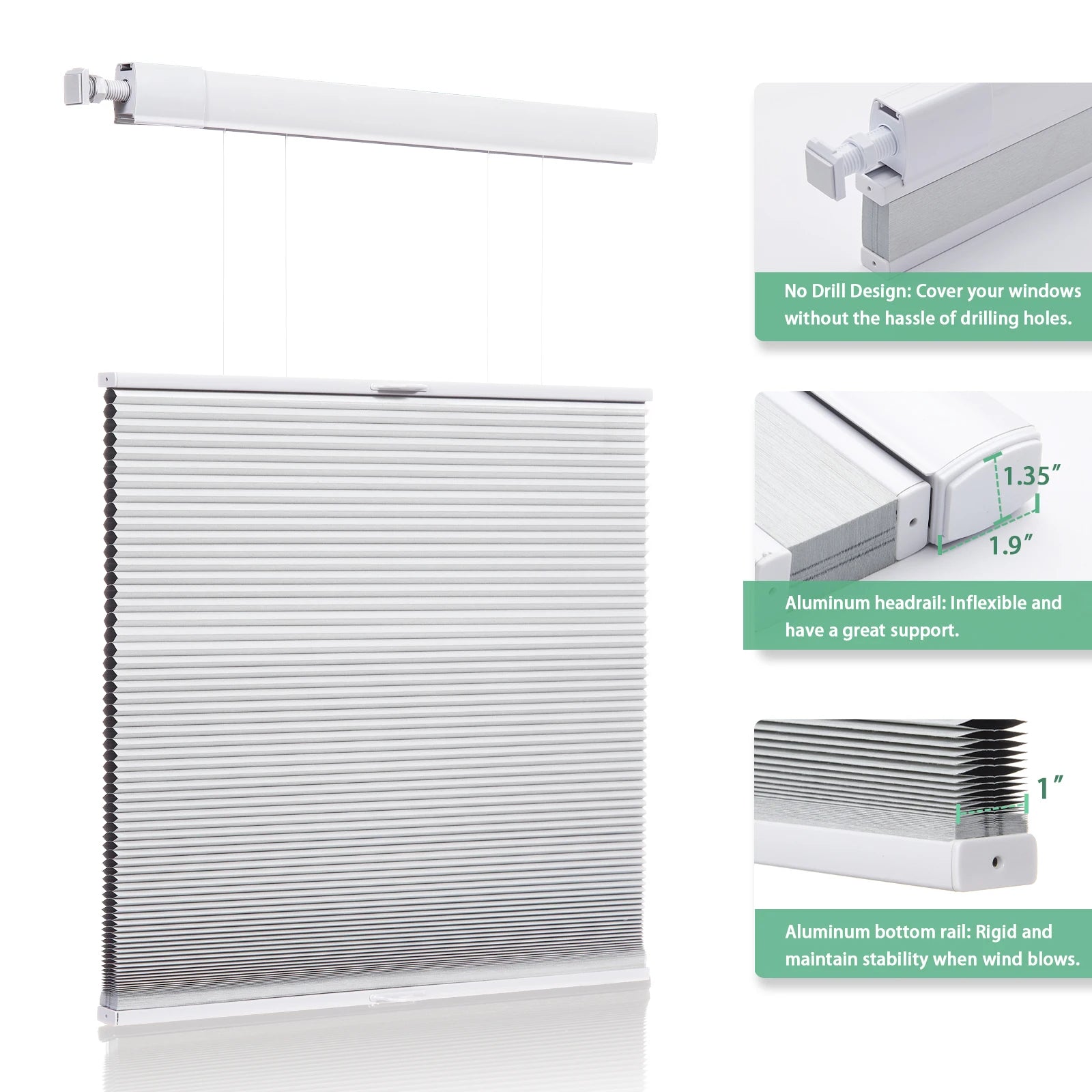 No Tools No Drill Top Down Bottom Up Honeycomb Blinds for Windows, 1" Cell Fabric Cordless Thermal Insulated Noise Reduction