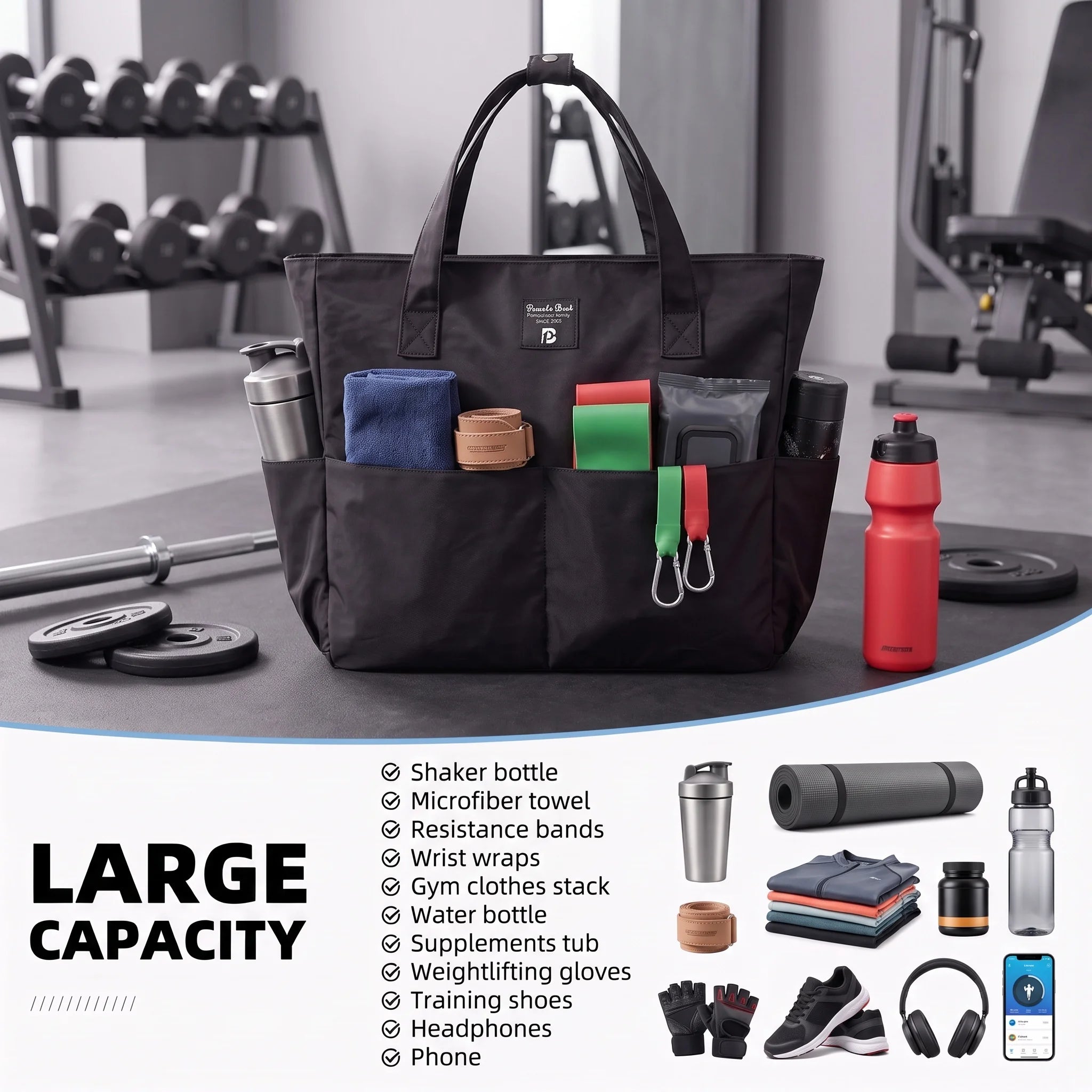 35L Large Gym Tote Bag for Women Soft Waterproof Polyester Yoga Handbag Multi Pocket Work Travel Beach Bag With Shoe Compartment
