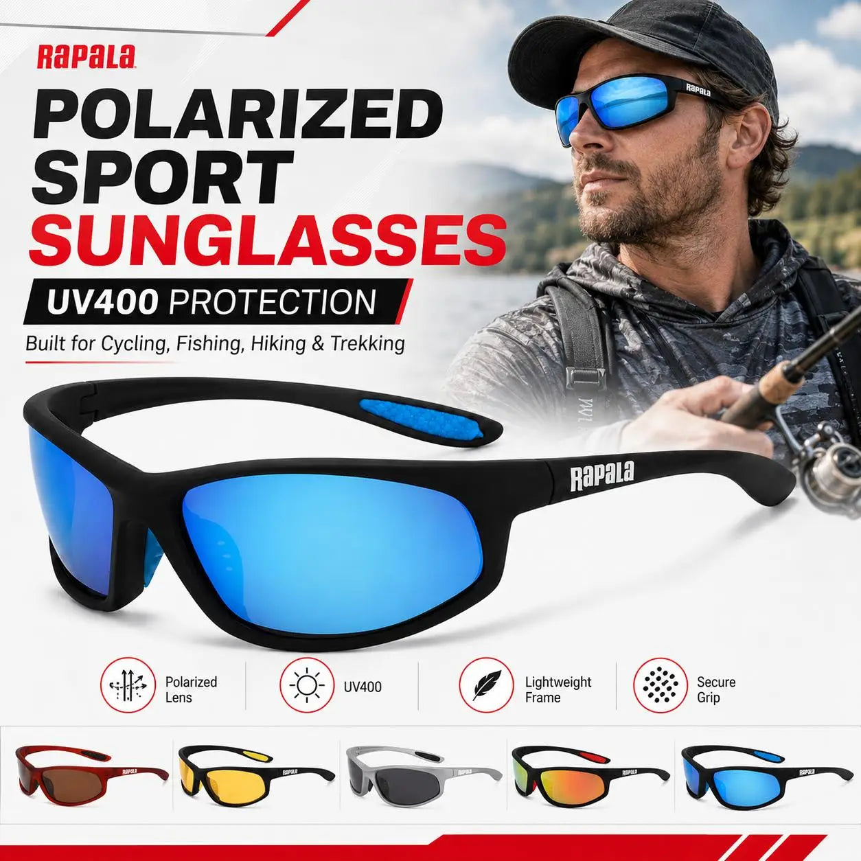 Flexible Rapala Polarized Fishing Glasses UV400 for Road Cycling Fishing Hiking with Lightweight Frame and Comfortable Fit