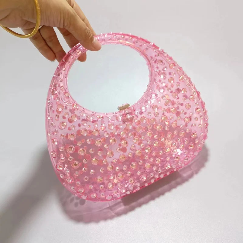 Diamond Women Bags Luxury Designer Handbags Rhinestones Box Transparent Acrylic Clutch Dresses Crescent Shoulder Crossbody Bag